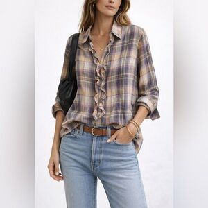 CP Shades Plaid Linen Ruffle Detail Button Down Shirt